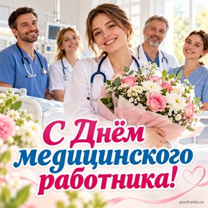 День медика — открытка «С Днём медицинского работника!» с коллегами в светлом помещении больницы