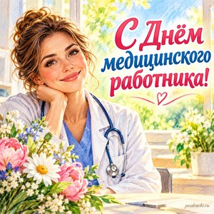 День медика — открытка «С Днём медицинского работника!» с заботливым врачом у солнечного окна