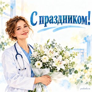 День медика — открытка «С праздником!» с врачом и букетом белых цветов