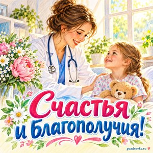 День медика — открытка «Счастья и благополучия!» с заботливым врачом у солнечного окна