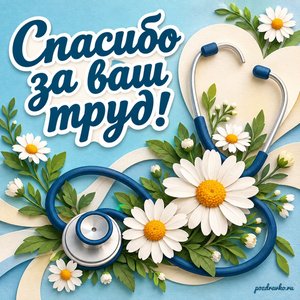 День медика — открытка «Спасибо за ваш труд!» с стетоскопом и ромашками