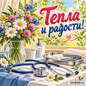 День медика — открытка «Тепла и радости!» с чистым медицинским столом и летним букетом