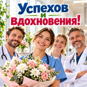 День медика — открытка «Успехов и вдохновения!» с коллегами в светлом помещении больницы