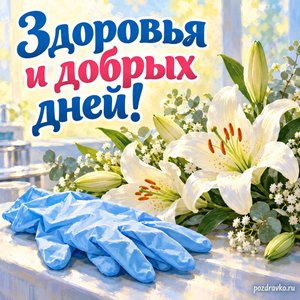 День медика — открытка «Здоровья и добрых дней!» с медицинскими перчатками и белыми лилиями