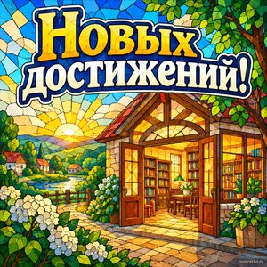День местного самоуправления — открытка «Новых достижений!» с деревенской библиотекой в тёплом свете