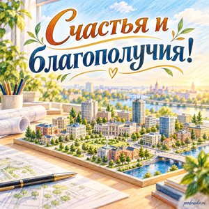 День местного самоуправления — открытка «Счастья и благополучия!» со светлым рабочим столом и макетом города