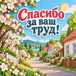 День местного самоуправления — открытка «Спасибо за ваш труд!» с уютной сельской улицей и цветущими деревьями