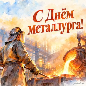 День металлурга — открытка «С Днём металлурга!» с металлургом в защитной одежде в безопасном цехе