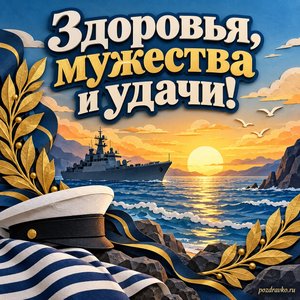День морской пехоты — открытка «Здоровья, мужества и удачи!» с морским рассветом, кораблём и ветвями лавра
