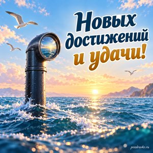 День моряка-подводника — открытка «Новых достижений и удачи!» с перископом и светлыми морскими волнами