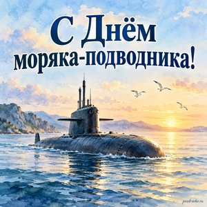 День моряка-подводника — открытка «С Днём моряка-подводника!» с подводной лодкой на поверхности спокойного моря