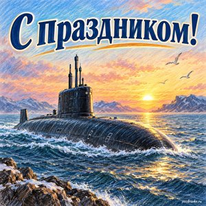 День моряка-подводника — открытка «С праздником!» с подводной лодкой под мягким рассветным небом