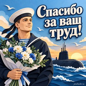 День моряка-подводника — открытка «Спасибо за ваш труд!» с моряком в нейтральной форме и букетом