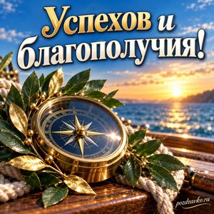 День моряка-подводника — открытка «Успехов и благополучия!» с морским компасом и ветвями лавра