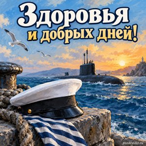 День моряка-подводника — открытка «Здоровья и добрых дней!» с белой фуражкой без эмблем и морским пейзажем