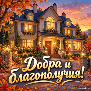 День народного единства — открытка «Добра и благополучия!» с уютными окнами большого дома