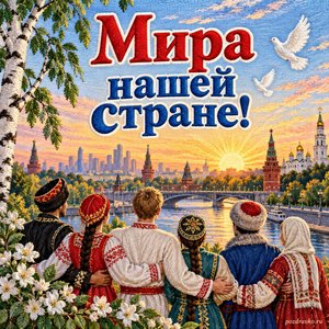 День народного единства — открытка «Мира нашей стране!» с мирным городским пейзажем на рассвете
