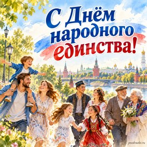 День народного единства — открытка «С Днём народного единства!» с людьми разных поколений в городском парке
