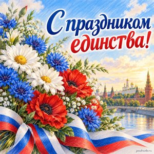 День народного единства — открытка «С праздником единства!» с ярким букетом в цветах российского флага