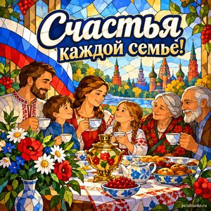 День народного единства — открытка «Счастья каждой семье!» с семейным чайным столом и праздничными цветами