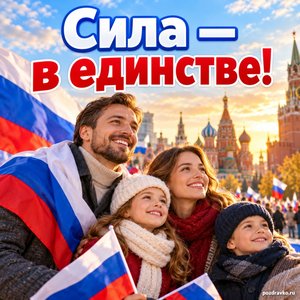 День народного единства — открытка «Сила — в единстве!» с семьёй на фоне праздничного города
