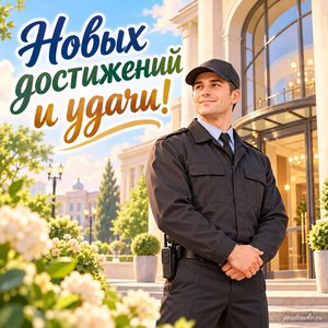 День охранника — открытка «Новых достижений и удачи!» с охранником у красивого общественного здания