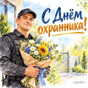 День охранника — открытка «С Днём охранника!» с охранником в нейтральной форме и букетом