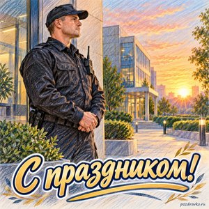 День охранника — открытка «С праздником!» со спокойным офисным зданием на рассвете