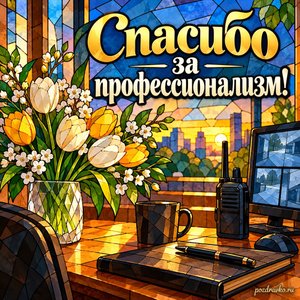 День охранника — открытка «Спасибо за профессионализм!» с уютным рабочим столом и весенним букетом