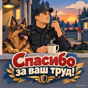 День охранника — открытка «Спасибо за ваш труд!» с радиостанцией без букв и чашкой чая