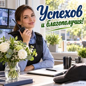 День охранника — открытка «Успехов и благополучия!» с сотрудницей у светлого рабочего поста