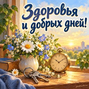 День охранника — открытка «Здоровья и добрых дней!» с нейтральными ключами, часами и цветами