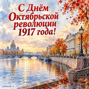 День Октябрьской революции 1917 года — открытка «С Днём Октябрьской революции 1917 года!» с осенней городской набережной и классической архитектурой
