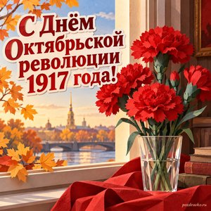 День Октябрьской революции 1917 года — открытка «С Днём Октябрьской революции 1917 года!» с букетом красных гвоздик у окна