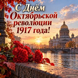 День Октябрьской революции 1917 года — открытка «С Днём Октябрьской революции 1917 года!» с старинным городским пейзажем в мягком свете