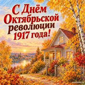 День Октябрьской революции 1917 года — открытка «С Днём Октябрьской революции 1917 года!» с уютным домом среди золотых деревьев