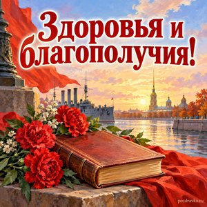 День Октябрьской революции 1917 года — открытка «Здоровья и благополучия!» с закрытой исторической книгой без букв и цветами