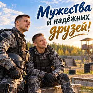 День ОМОН — открытка «Мужества и надёжных друзей!» с двумя коллегами у спокойного учебного полигона