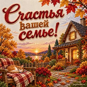 День ОМОН — открытка «Счастья вашей семье!» с уютным домом и осенним садом