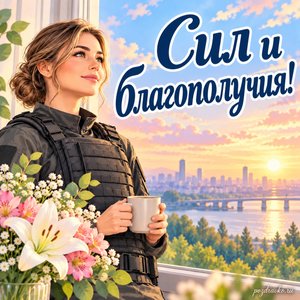 День ОМОН — открытка «Сил и благополучия!» с сотрудницей в нейтральной форме у окна