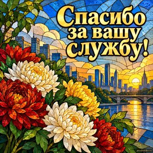 День ОМОН — открытка «Спасибо за вашу службу!» с букетом хризантем и спокойным городским пейзажем