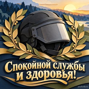 День ОМОН — открытка «Спокойной службы и здоровья!» с шлемом без эмблем и ветвями лавра