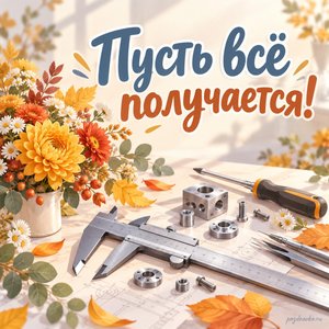 День оружейника — открытка «Пусть всё получается!» с инструментами и осенними цветами
