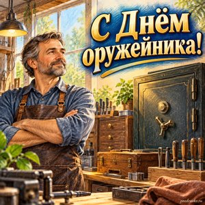 День оружейника — открытка «С Днём оружейника!» с мастером у безопасного закрытого оборудования