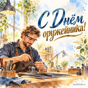 День оружейника — открытка «С Днём оружейника!» с мастером в защитных очках у аккуратного верстака без оружия