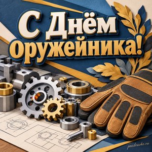 День оружейника — открытка «С Днём оружейника!» с металлическими деталями и рабочими перчатками
