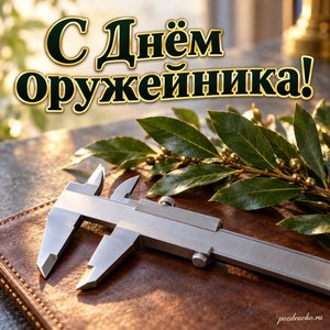 День оружейника — открытка «С Днём оружейника!» с штангенциркулем без различимых цифр и веточкой лавра