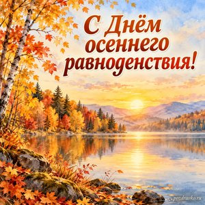День осеннего равноденствия — открытка «С Днём осеннего равноденствия!» с золотым лесом и тихим озером