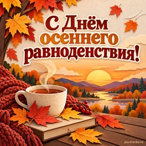 День осеннего равноденствия — открытка «С Днём осеннего равноденствия!» с чашкой чая и кленовыми листьями