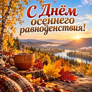 День осеннего равноденствия — открытка «С Днём осеннего равноденствия!» с солнцем над осенней долиной